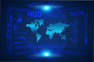 Blue  Modern HUD Technology Screen Background with world map vector