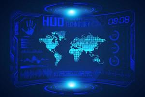 Blue  Modern HUD Technology Screen Background with world map vector