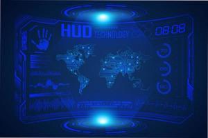 Blue  Modern HUD Technology Screen Background with world map vector