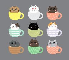 lindo gato en juego de caracteres de dibujos animados de taza de té vector