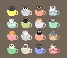 lindo gato en juego de caracteres de dibujos animados de taza de té vector