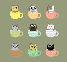 lindo gato en juego de caracteres de dibujos animados de taza de té vector