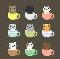 lindo gato en juego de caracteres de dibujos animados de taza de té vector