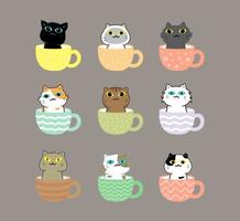 lindo gato en juego de caracteres de dibujos animados de taza de té vector