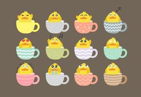 cartoon duck on teacup set vector