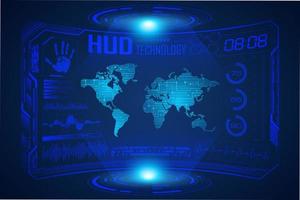 Blue  Modern HUD Technology Screen Background with world map vector