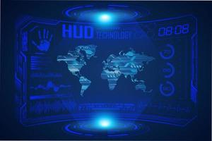 Blue  Modern HUD Technology Screen Background with world map vector