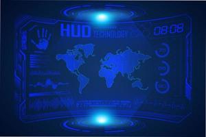 Blue  Modern HUD Technology Screen Background with world map vector