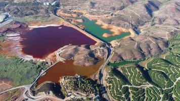 Aerial drone view of Mining activity in Minas de Riotinto in Spain. Polluted water and lakes. Apocalypse scenery. Extractivism. Mining village in Andalusia. Destruction of nature. video