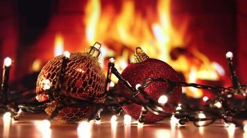 Christmas decoration lights in cozy home fireplace video
