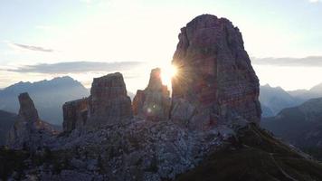 Cinque Torri or Five Towers Mountain Peaks in Italian Dolomites near Cortina d'Ampezzo, aerial view, Italy video