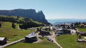 Compatsch or Compaccio, Seiser Alm Alpe di Siusi in Italian Dolomites, Sciliar Mountain aerial view, Italy video