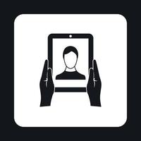 Man taking photo using tablet icon, simple style vector