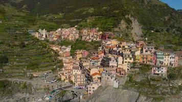 Manarola aerial view in Cinque Terre, Liguria, Italy video