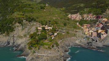 Manarola aerial view in Cinque Terre, Liguria, Italy video