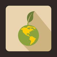 Globe with green leaf icon, flat style vector