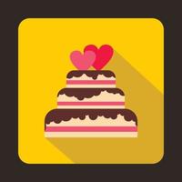 Wedding cake with two hearts icon, flat style vector