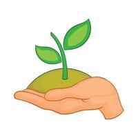 Hands with green sprout icon, cartoon style vector