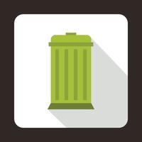 Green trash bin with lid icon, flat style vector