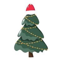 árbol de navidad con luces en un sombrero de santa en un estilo de dibujos animados. vector