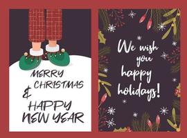 Set of two Christmas cards with pair of legs in pyjamas and elf shoes. Vector Christmas and winter decorating elements.