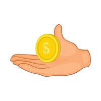 Hand with coin icon, cartoon style vector