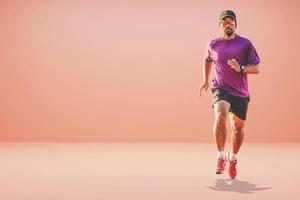 Healthy Asian man running on colored background with copyspace. photo