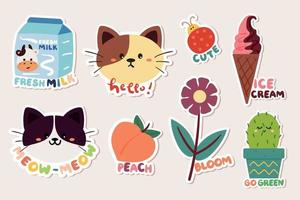 set of cat and plant sticker vector