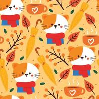 seamless pattern cartoon cat and autumn vibes vector