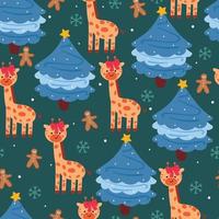 seamless pattern cartoon giraffe and christmas tree vector