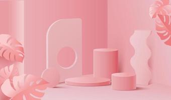 Abstract 3D cylinder pedestal podium with pastel geometric cube platform. Light minimal wall scene with circle window lighting. Modern vector rendering for product presentation.