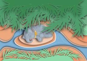 Baby elephant sleeping in the forest, paper style,  for print and graphics. vector illustration.