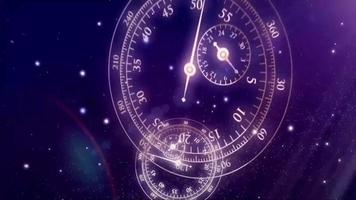 Endless looping spiral clock with minute and hour hands, abstract time passing by, eternity or lifetime concept on galaxy space universe background, seamless loopable