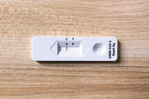 Negative test result by use antigen rapid test for COVID-19 on wooden background with copy space. Healthy check, Corona virus infection, Pandemic infectious and Medical. Initial symptom check. photo