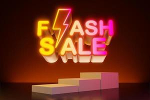 Flash sale neon light text with empty display, 3d rendering photo