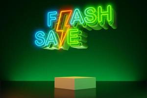 Flash sale neon light text with empty display, 3d rendering photo