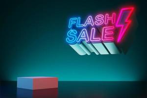 texto de luz de neón de venta flash con pantalla vacía, representación 3d foto