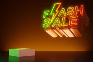 Flash sale neon light text with empty display, 3d rendering photo