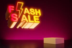 Flash sale neon light text with empty display, 3d rendering photo