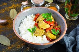 Spicy chicken curry with rice. Curry sauce with chicken and rice on dark background