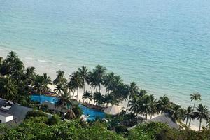 Aerial view of seashore in tropics with palm trees and clear blue sea. Koh Chang, Thailand. photo