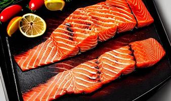 Grilled salmon. Healthy food baked salmon. Hot fish dish. photo