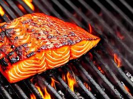 Grilled salmon. Healthy food baked salmon. Hot fish dish. photo