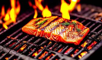 Grilled salmon. Healthy food baked salmon. Hot fish dish. photo