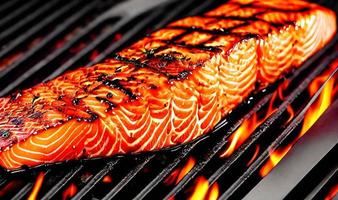 Grilled salmon. Healthy food baked salmon. Hot fish dish. photo