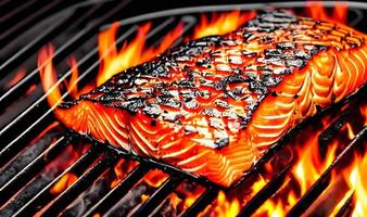 Grilled salmon. Healthy food baked salmon. Hot fish dish. photo