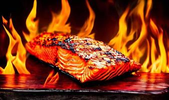 Grilled salmon. Healthy food baked salmon. Hot fish dish. photo