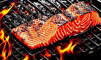 Grilled salmon. Healthy food baked salmon. Hot fish dish. photo