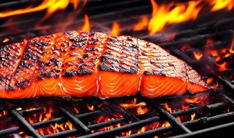 Grilled salmon. Healthy food baked salmon. Hot fish dish. photo