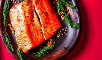 Grilled salmon. Healthy food baked salmon. Hot fish dish. photo